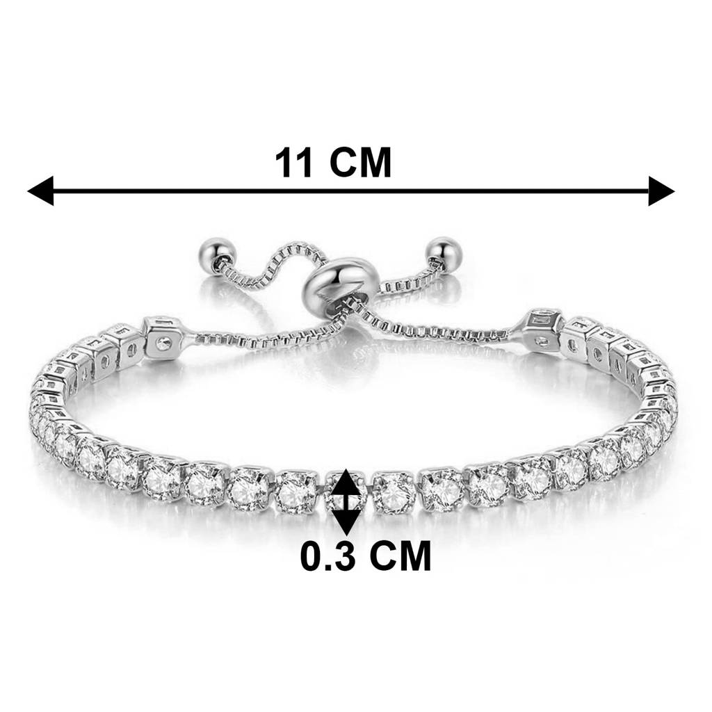 Silver Plated Cubic Zirconia Studded Adjustable Tennis Bracelet Stylish Fashion Jewellery Gift For Women & Girls : PX8B37S
