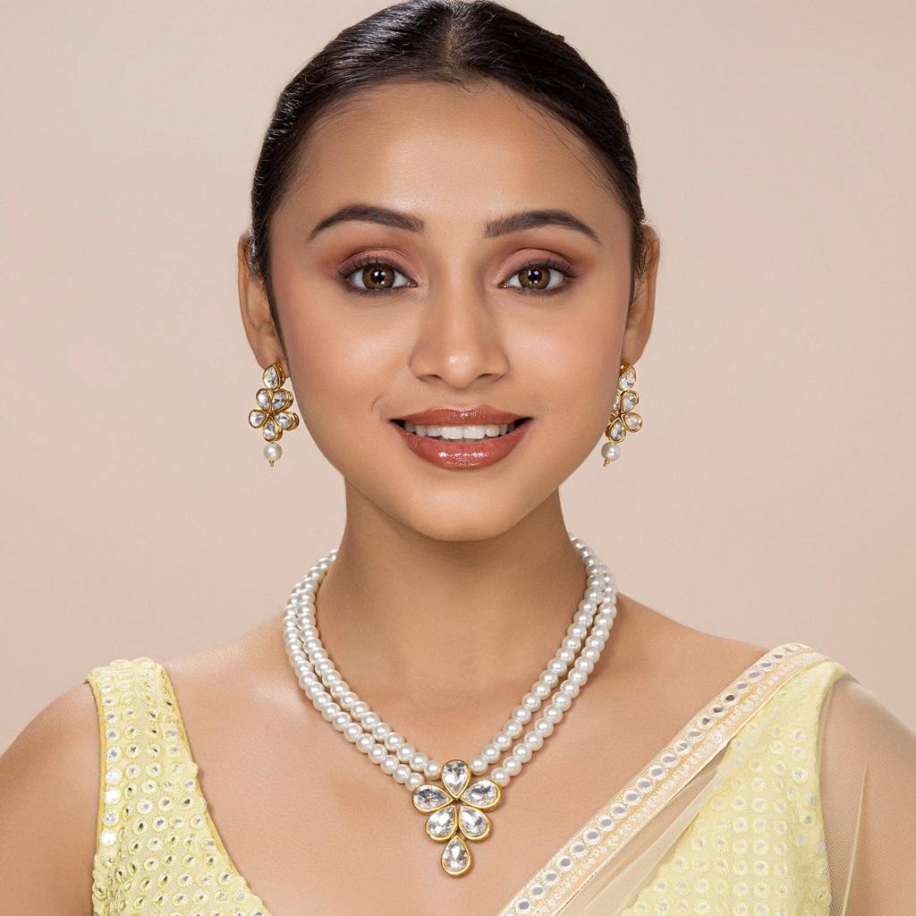 Crystal Faux Pearl Long Necklace With Drop Earrings Traditional Ethnic Jewellery Set For Women Girls-Pf24N184 : PF24N184W