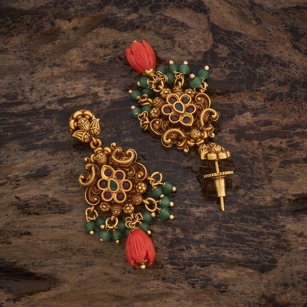 Kushal'S Fashion Jewellery Ruby-Green Gold-Plated Ethnic Antique Earring Drop Earrings-185207 : 441954
