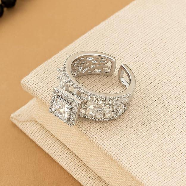 Silver Finish Cz Finger Ring For Women | Princess-Cut Stone | Adjustable Band : OSAK001-IRWERING