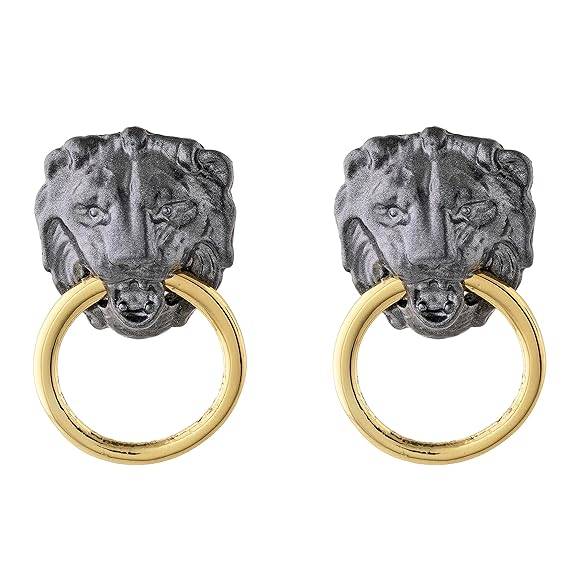 Estele Gold Plated Designer Black Lion Head With Gold Ring Stud Earrings For Women : 688706-IGER