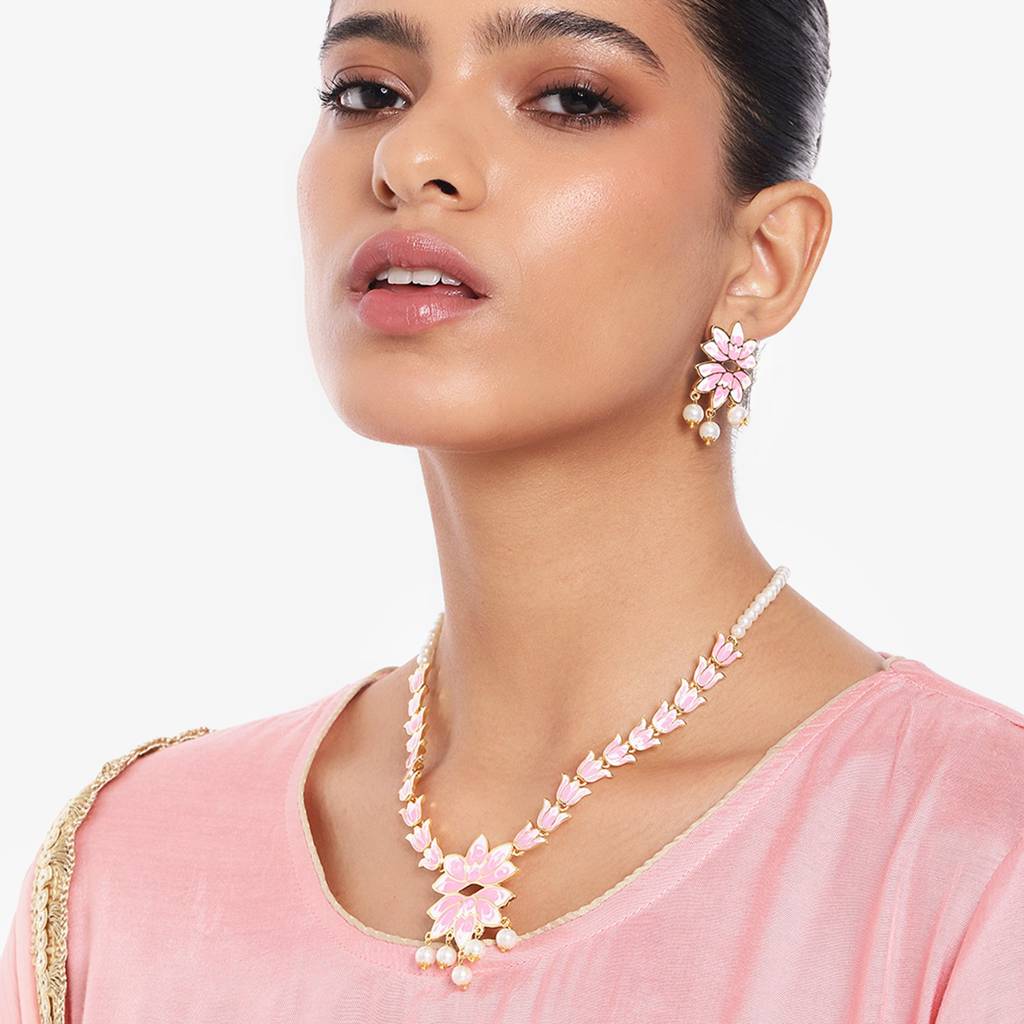 Estele Gold Plated Attractive Lotus Designer Pearl Necklace Set With Pink Enamel For Girl'S & Women : 10198-IGNKER