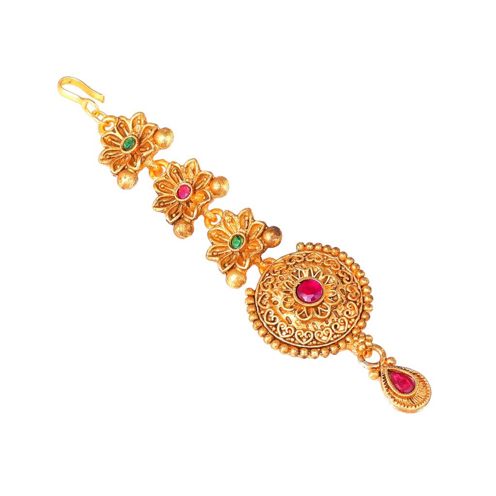 Estele Gold Plated Gorgeous Floral Matte Finish Maang Tikka With Multi-Color Crystals For Women. : 037-IGGNRBTIKAA