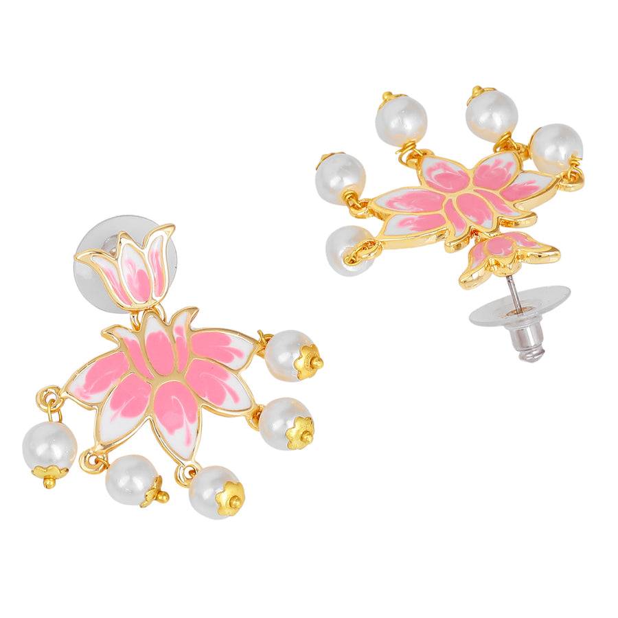 Estele Gold Plated Lotus Designer Dazzling Pearl Drop Earrings With Pink Enamel For Girl'S & Women : 10191-IGER