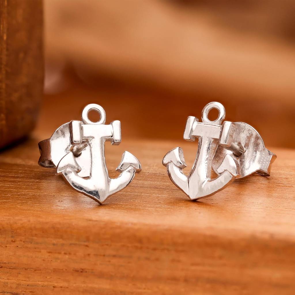 925 Silver Anchor Stud Earrings | Sea Inspired Nautical Jewelry : SE_000874