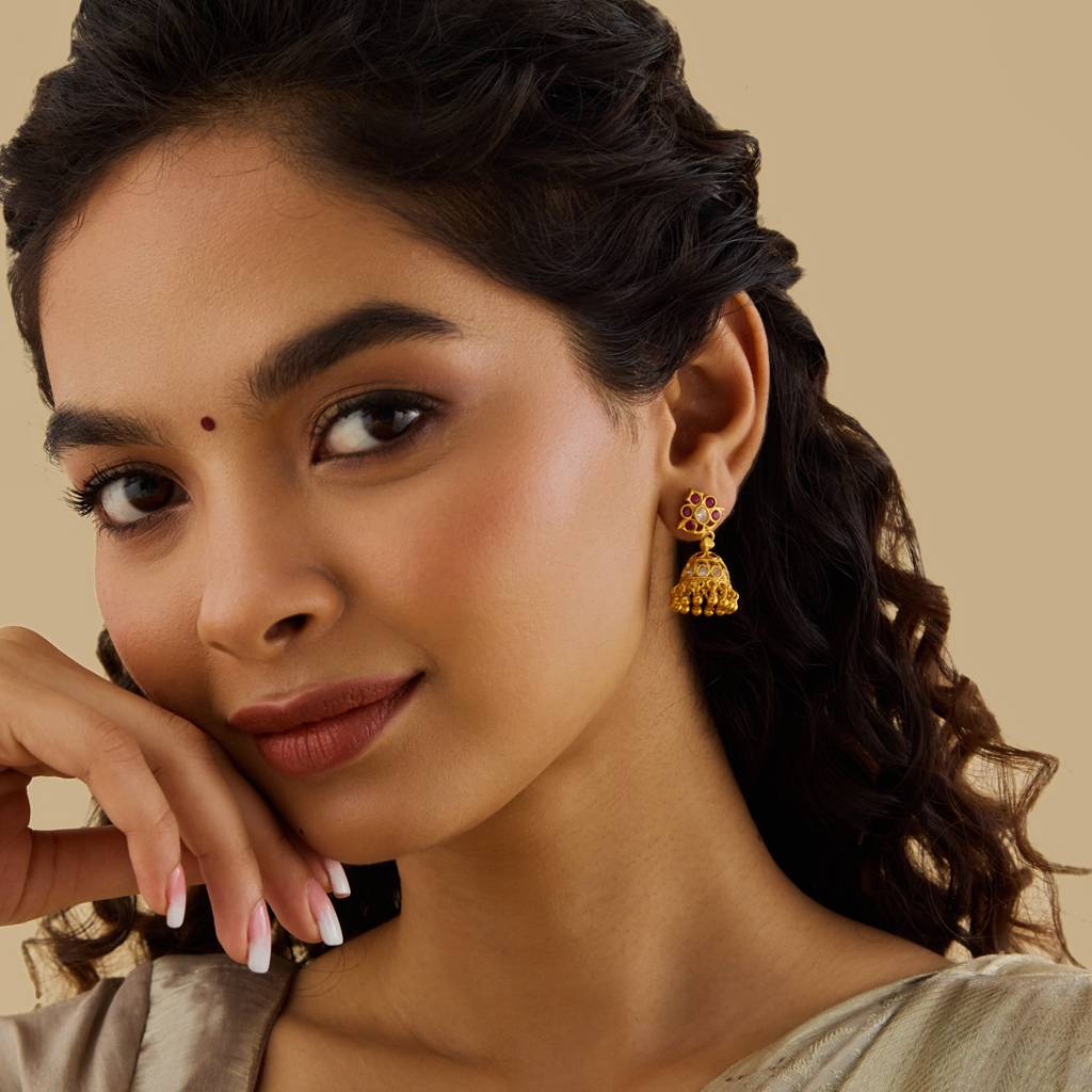 Ruby Gold-Plated Ethnic Pure Silver Temple Jhumkas-425431 : 425431
