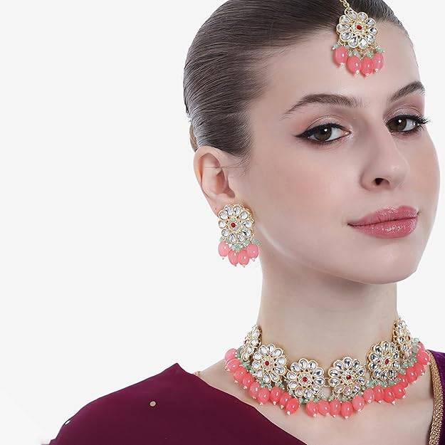 Estele Gold Plated Trendy Gehena Necklace Set & Maang Tikka With Mint Pink Beads For Women : PJ-034-IGMGMPNKERTK