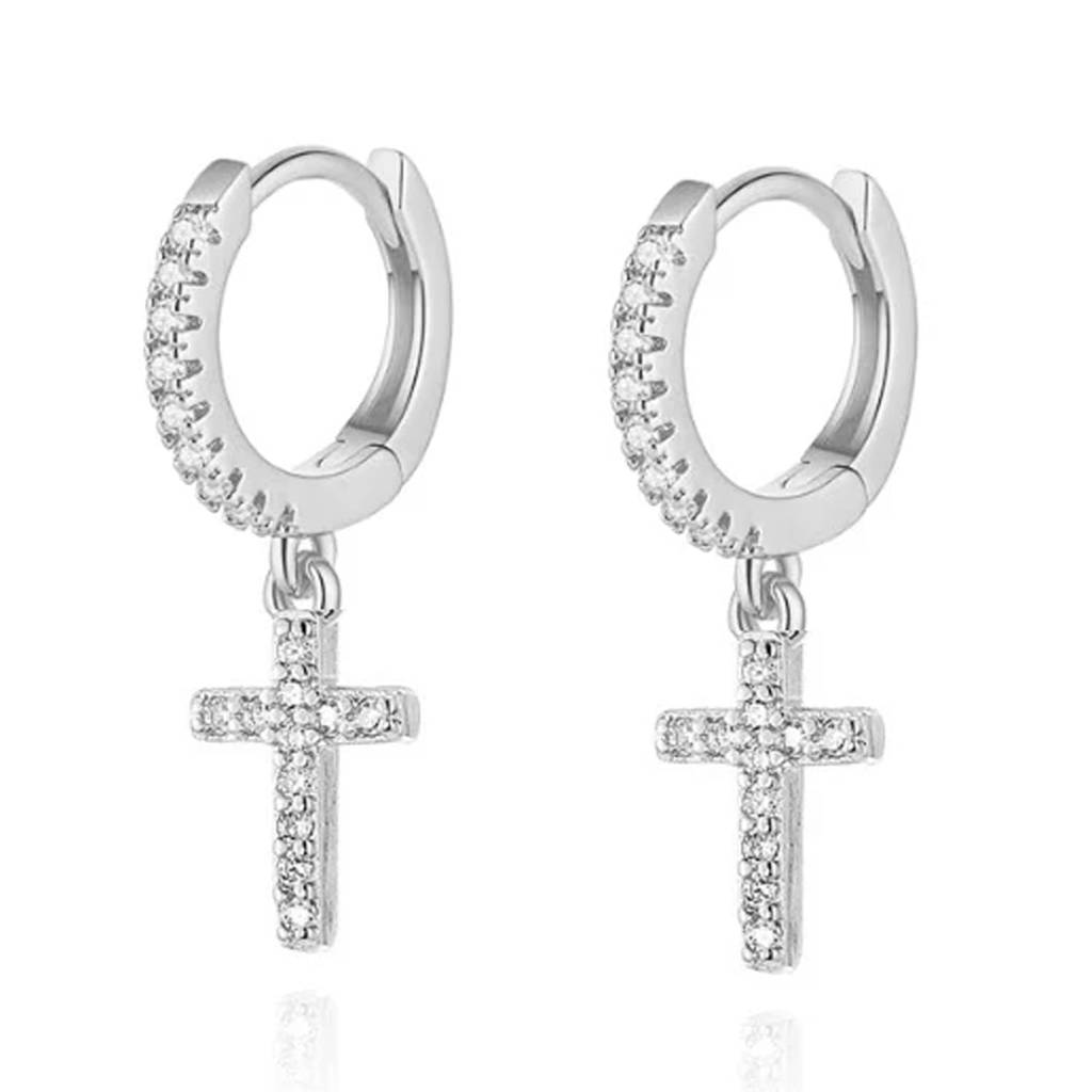 Silver Plated Cubic Zirconia Studded Fancy Hoop Closure Cross Shape Drop Earrings Fashion Jewellery For Women : PX8E247