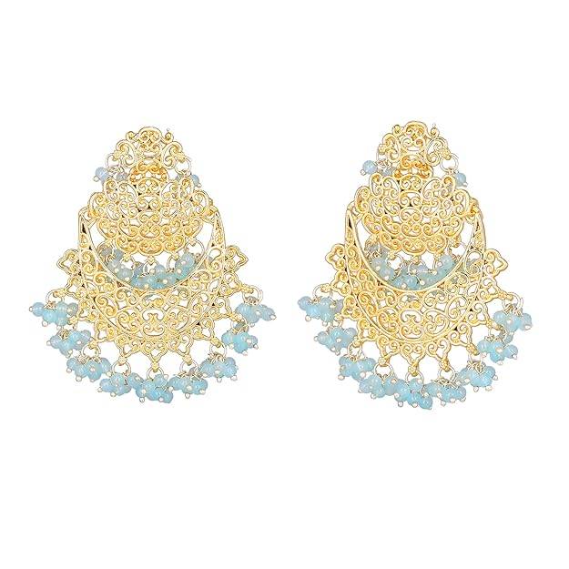 Estele Gold Plated Trellis Gehena Chandbali Earrings With Blue Beads For Women : PJ-007-IGBLER