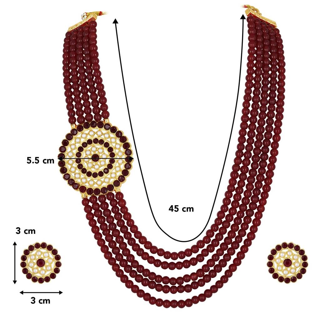 Gold Plated Kundan & Maroon Pearl Studded 5 Layer Long Jewellery Set For Women : PF25N13M