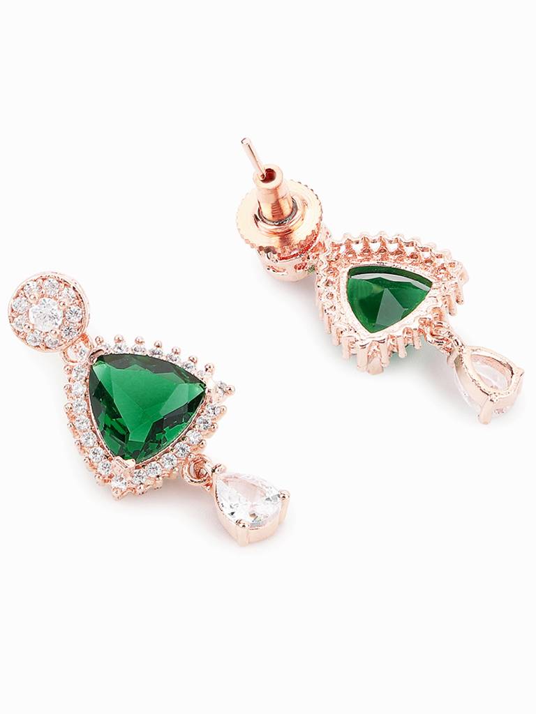 Cz Rose Gold Plated Pearl Brass Necklace Set With Green Stone : 8905124435689