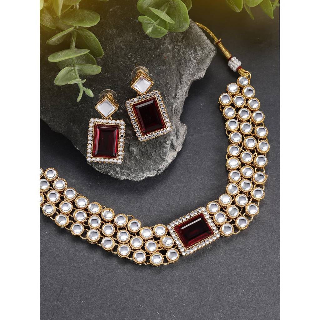 Gold Plated Kundan/Crystal Choker Necklace Earring Indian Traditional Jewellery Set For Women-Pf24N37 : PF24N37M