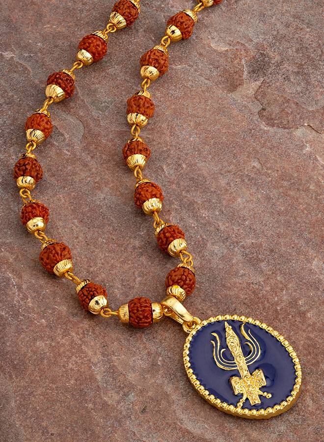 Gold Capped Rudraksha And Trident Pendant Necklace : 8907617562520