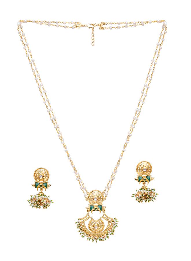 Festive Hues Faux Pearls Adorned Long Chain Gold Plated Brass Ethnic Jewellery Set : 8905124466430