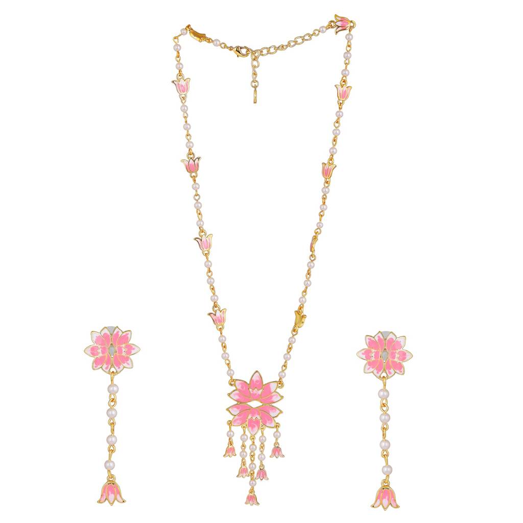Estele Gold Plated Enchanting Lotus Designer Pearl Necklace Set With Pink Enamel For Girl'S & Women : 10193-IGNKER