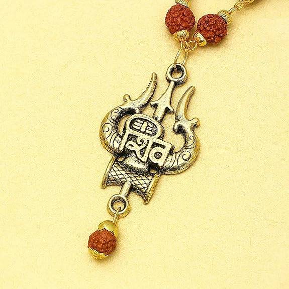 Spiritual Shiv Trishul Pendant With Damru | Lightweight Rudraksha Mala For Men : OSAK059-IGBRNPENDANT