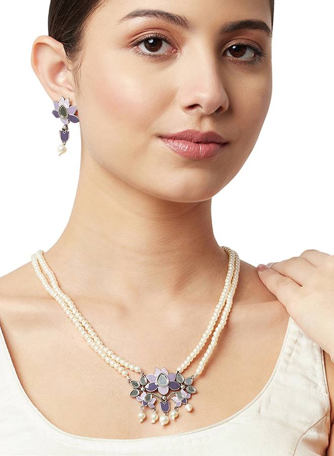 Festive Hues Blue Enamel Mirror Detail Faux Pearls Adorned Silver Oxidised Jewellery Set : 8905124458770
