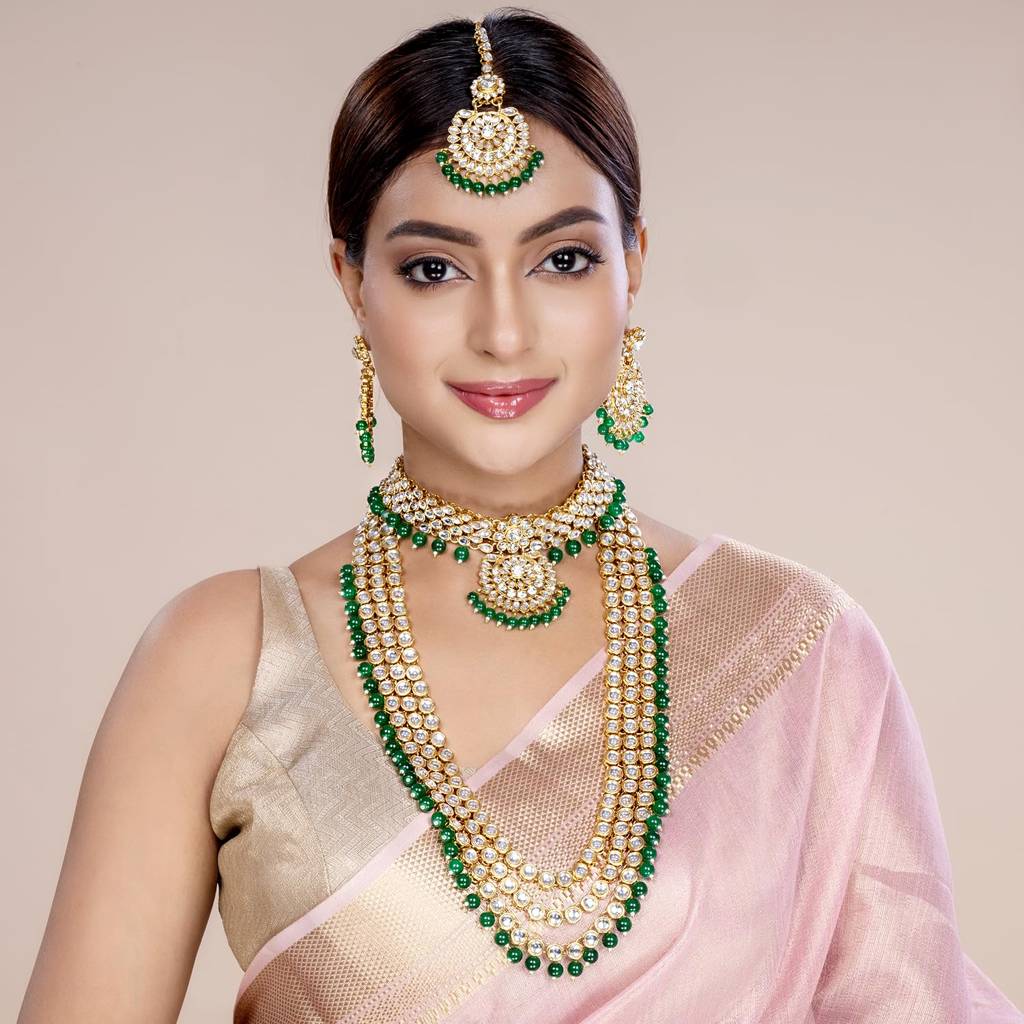 Gold Plated Kundan Faux Bead Bridal Long Necklace Choker Earrings Maangtikka Jewellery Set For Women Girls-Pf25Br : PF25BR106G