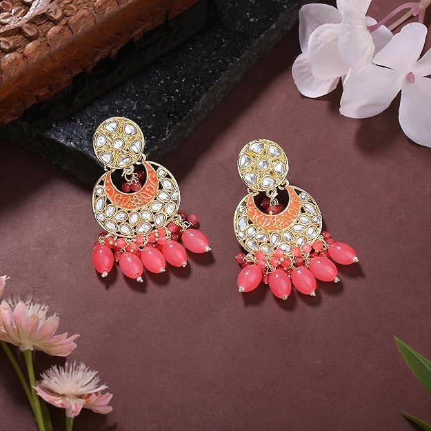 Estele Gold Plated Fascinating Gehena Chandbali Earrings With Mint Pink Beads For Women : PJ-006-IGMPER