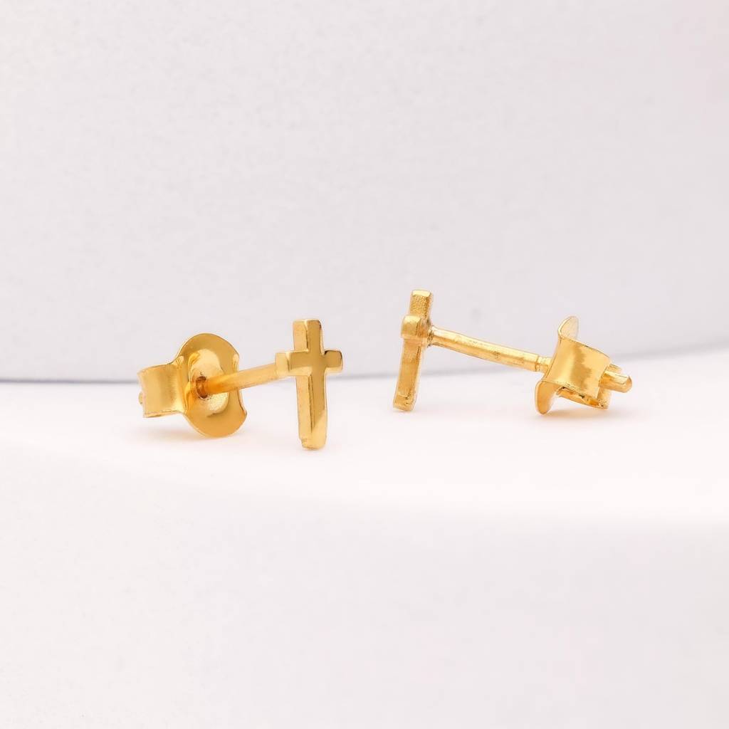 925 Silver Cross Stud Earrings | Gold Finish Faith Jewelry Gift For Women & Men : SE_000661
