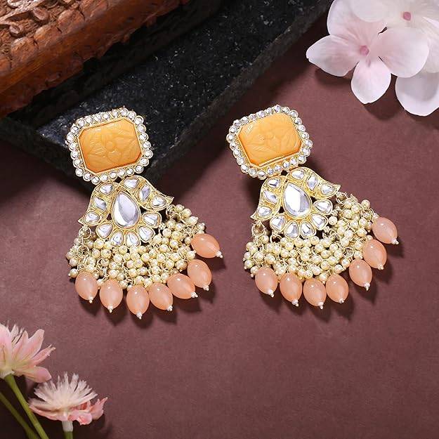 Estele Gold Plated Fashionable Gehena Drop Earrings With Peach Beads For Women : PJ-013-IGPHER