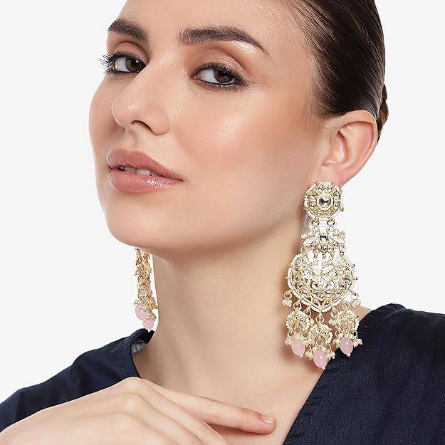 Estele Gold Plated Gorgeous Gehena Drop Earrings With Mint Pink Beads For Women : PJ-015-IGMPER