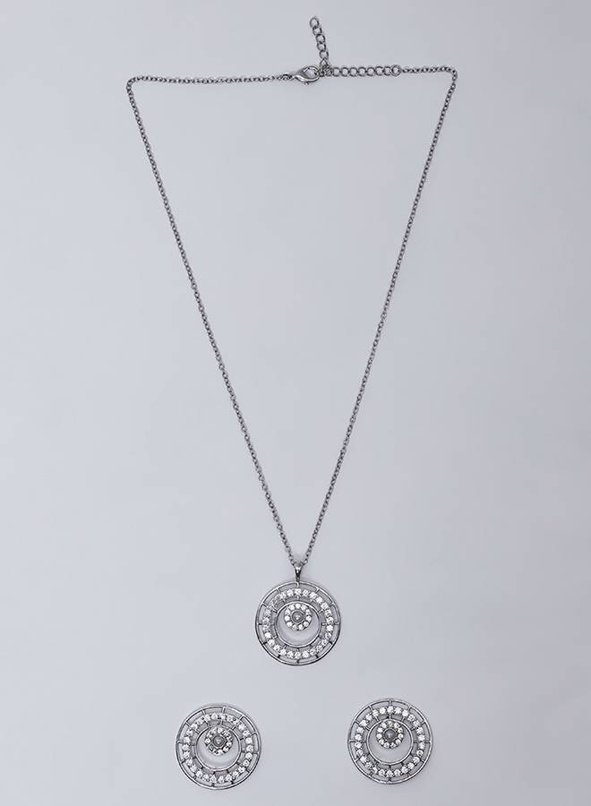 Round Cut Cz And White Pearls Brass White Rhodium Plated Pendant Set : 8905124451054