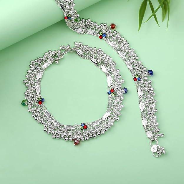 Elegant Rhodium Finish Heavy Payal Anklets With Stones For Women