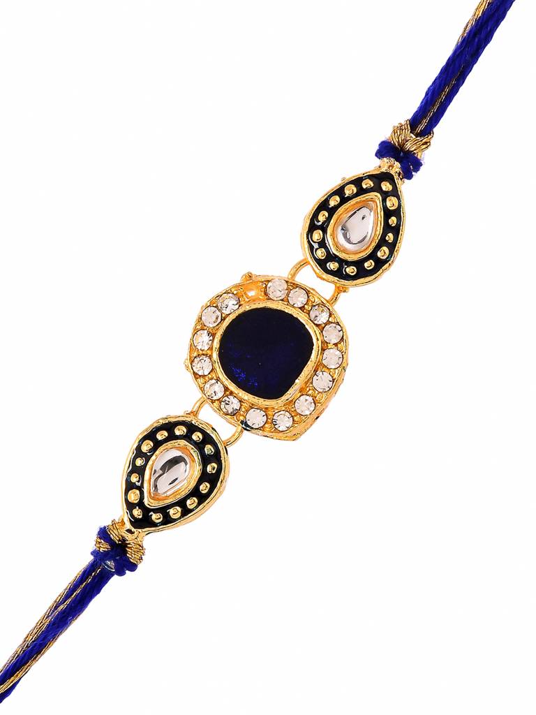 Faux Kundan Gems Blue And Gold Thread Rakhi For Brother : 8905124525205