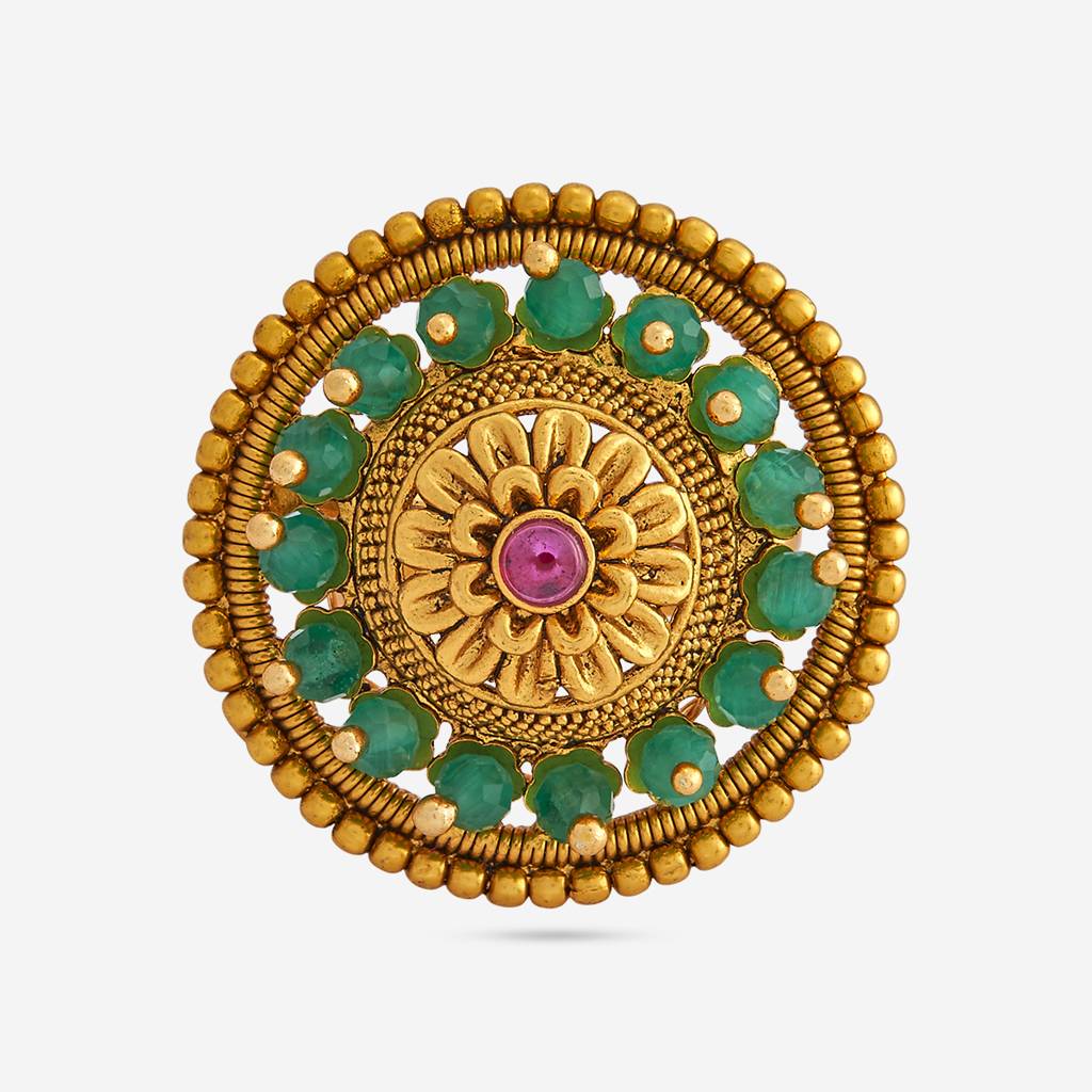 Ruby-Green Gold-Plated Ethnic Antique Finger Ring-447882 : 447882