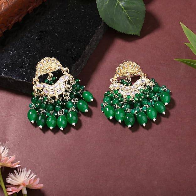 Estele Gold Plated Elegant Designer Gehena Drop Earrings With Green Beads For Women : PJ-012-IGGNER