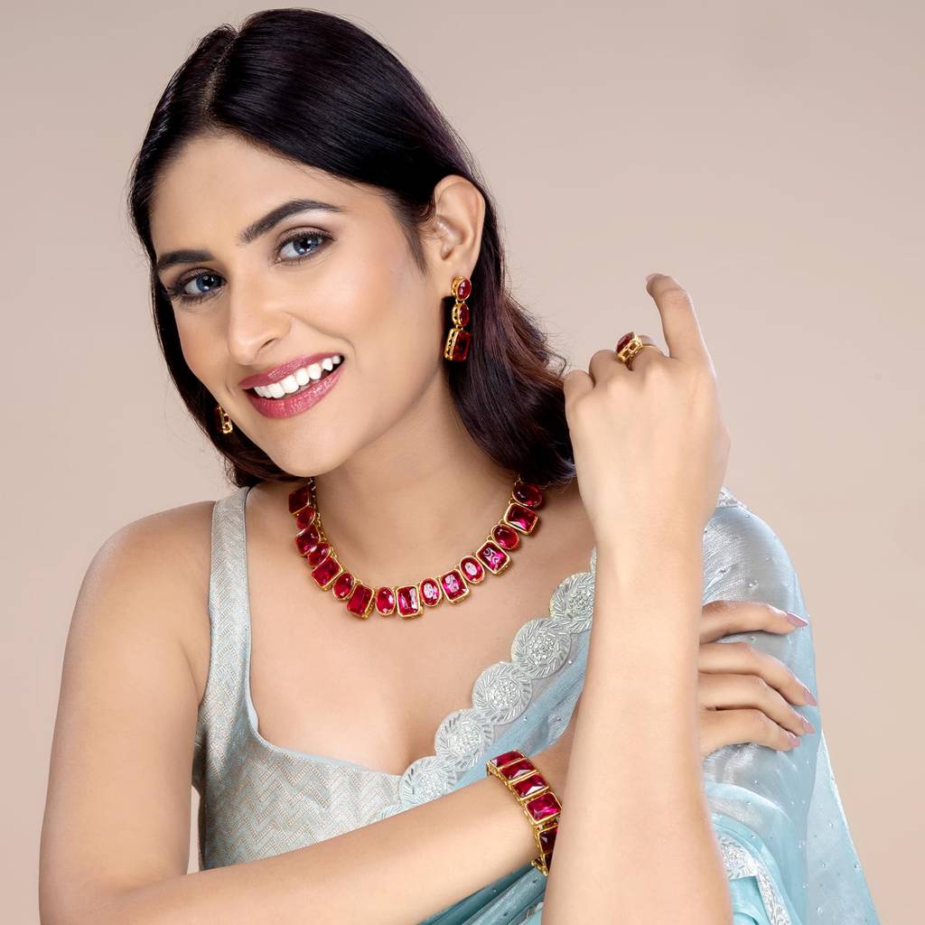 Gold Plated Square Rani Pink Crystal Necklace With Drop Earrings Bracelet Finger Ring Indian Ethnic Set For Women  : PF24N18RP