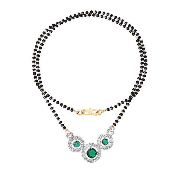 Gold & Rhodium Plated Mesmerizing Trio Circular Pendant Mangalsutra Chain With Black Beads & Green Crysta : OSAKMS007-2TNGNNK