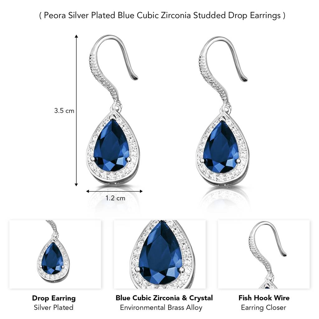 Silver Plated Blue Cubic Zirconia Studded Drop Earrings Fish Hook Back Fashion Jewellery For Women & Girls : PX8E173B