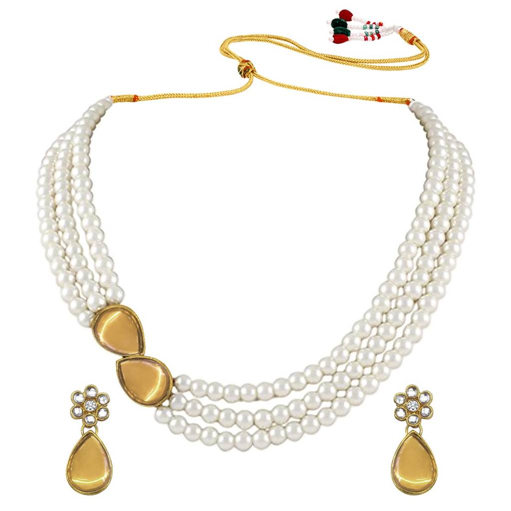 Pearl Mala Necklace & Earrings For Women Girls Traditional Ethnic Jewellery Set-Pf26N1145 : PF26N1145LCT