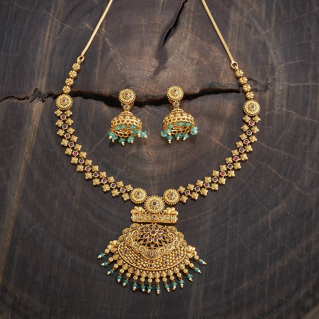 Kushal'S Fashion Jewellery Gold-Plated Ruby Studded & Beaded Antique Jewellery Set-181652 : 434123