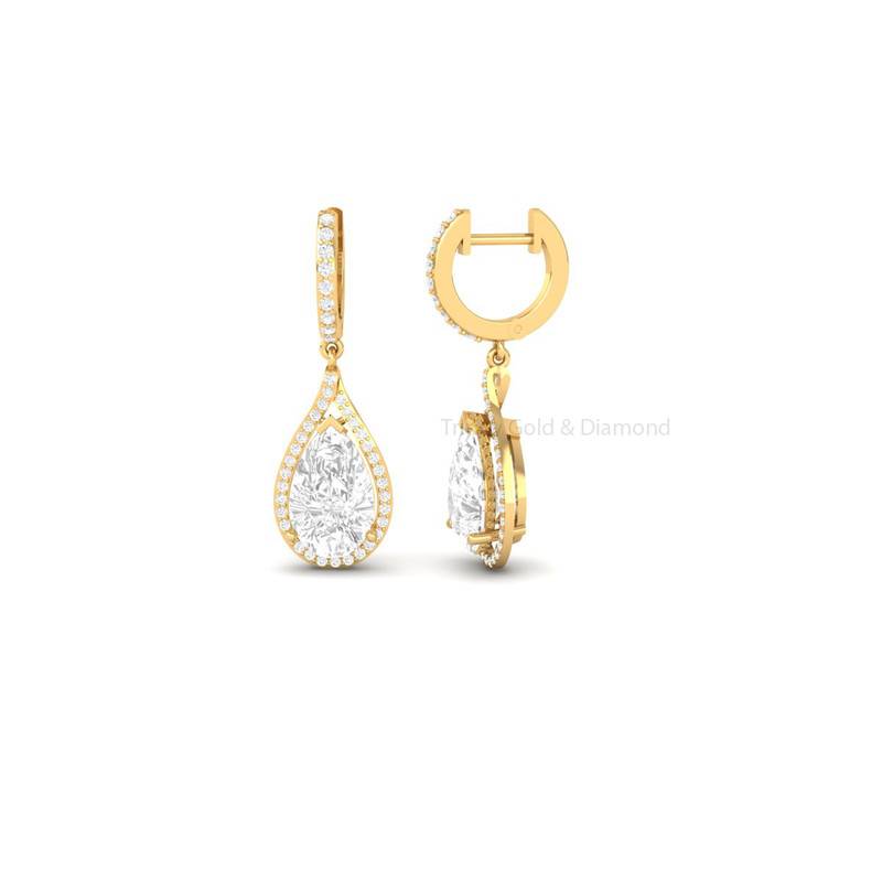 2.0Ct Pear Shape Moissanite Halo Drop Earrings In 14Kt Gold Over Sterling Silver : TGDE-02