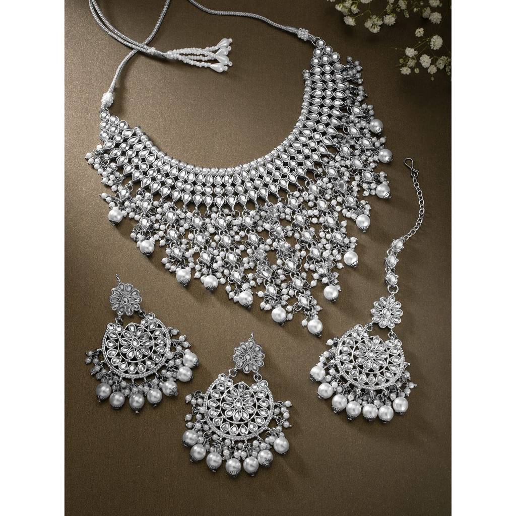 Traditional Kundan & Pearl Drop Bridal Dulhan Necklace Earring With Maang Tikka Jewellery Set For Women Girls-Pf : PF25N1177RW