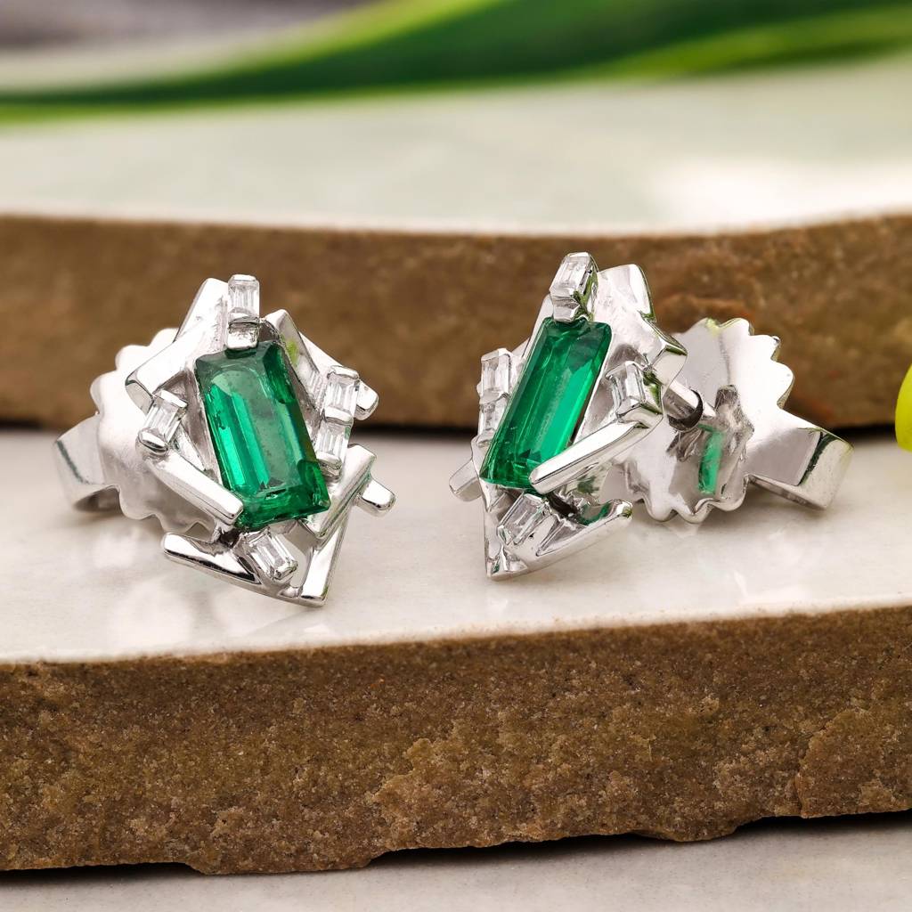 925 Silver Emerald Cut Green Studs | May Birthstone Gift : SE_000778