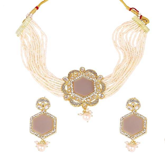 Estele Gold Plated Ravishing Designer Gehena Necklace Set With White Pearls For Women : PJ-025-IGMCNKER