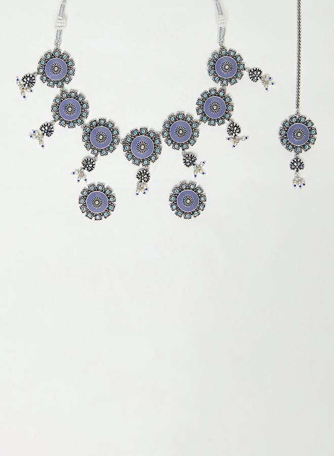 Arabian Nights Floral Motifs Faux Pearls Brass Oxidised Plated Maang Tika Set : 8905124444537