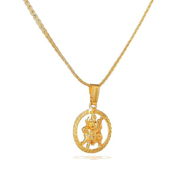 Fashion Jewelry Goddess Durga Maa Pendant For Men: Gold Plated Circle Shape "Spiritual Durga Maata" Penda : OSAK010-IGPENDANT