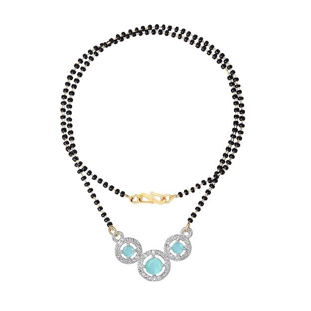 Gold & Rhodium Plated Dazzling Trio Circular Pendant Mangalsutra Chain With Black Beads & Mint Green Crys : OSAKMS007-2TNMGNK