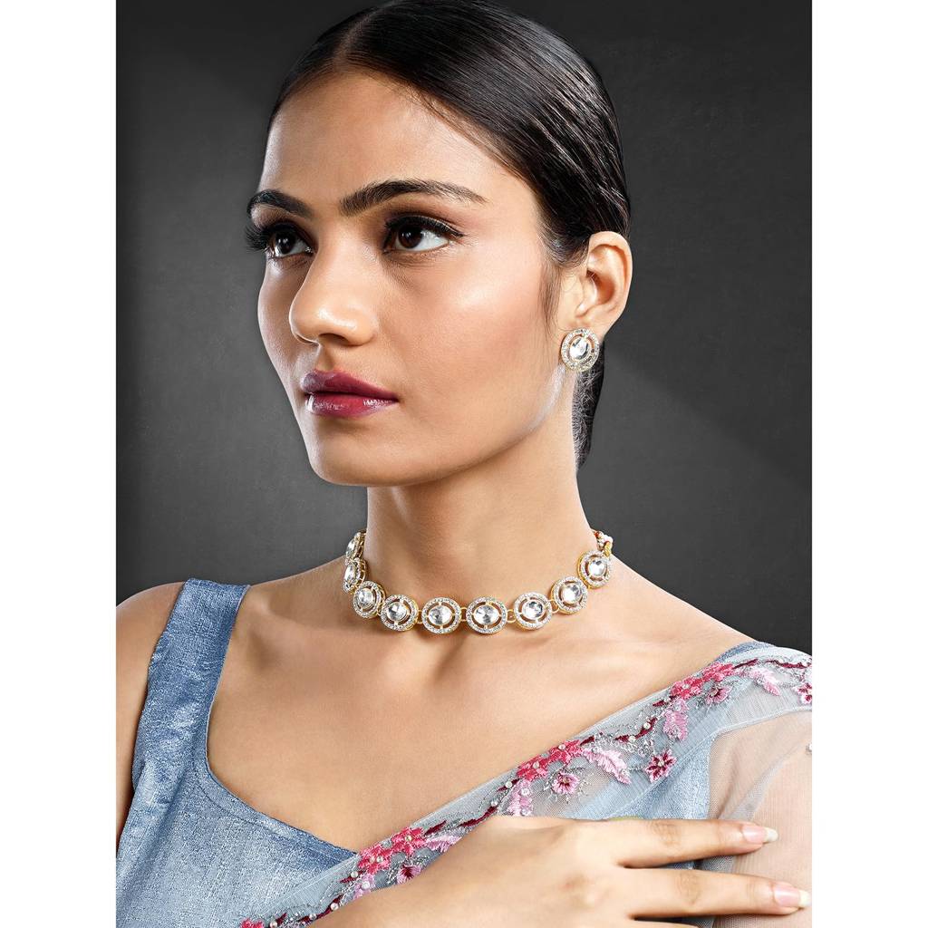 Gold Plated Synthetic Stone Studded Fancy Choker Necklace & Stud Earrings Fashion Jewellery Set Gift For Women & G : PF09N386W