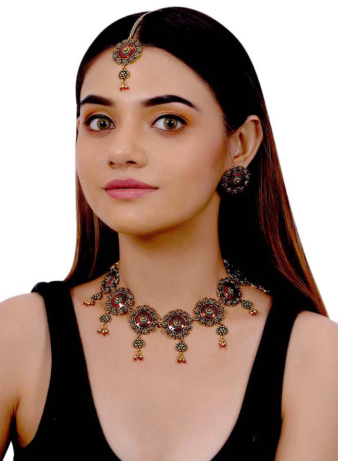 Arabian Nights Antique Gold Round Brass Jewellery Set : 8905124423969