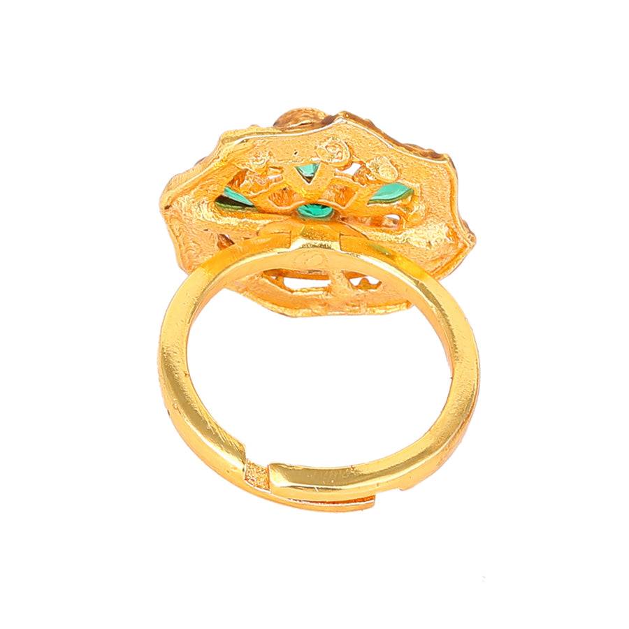 Estele Gold Plated Flower Designer Matte Finish Finger Ring With Green Crystals For Women : AD-152-IGGNRING