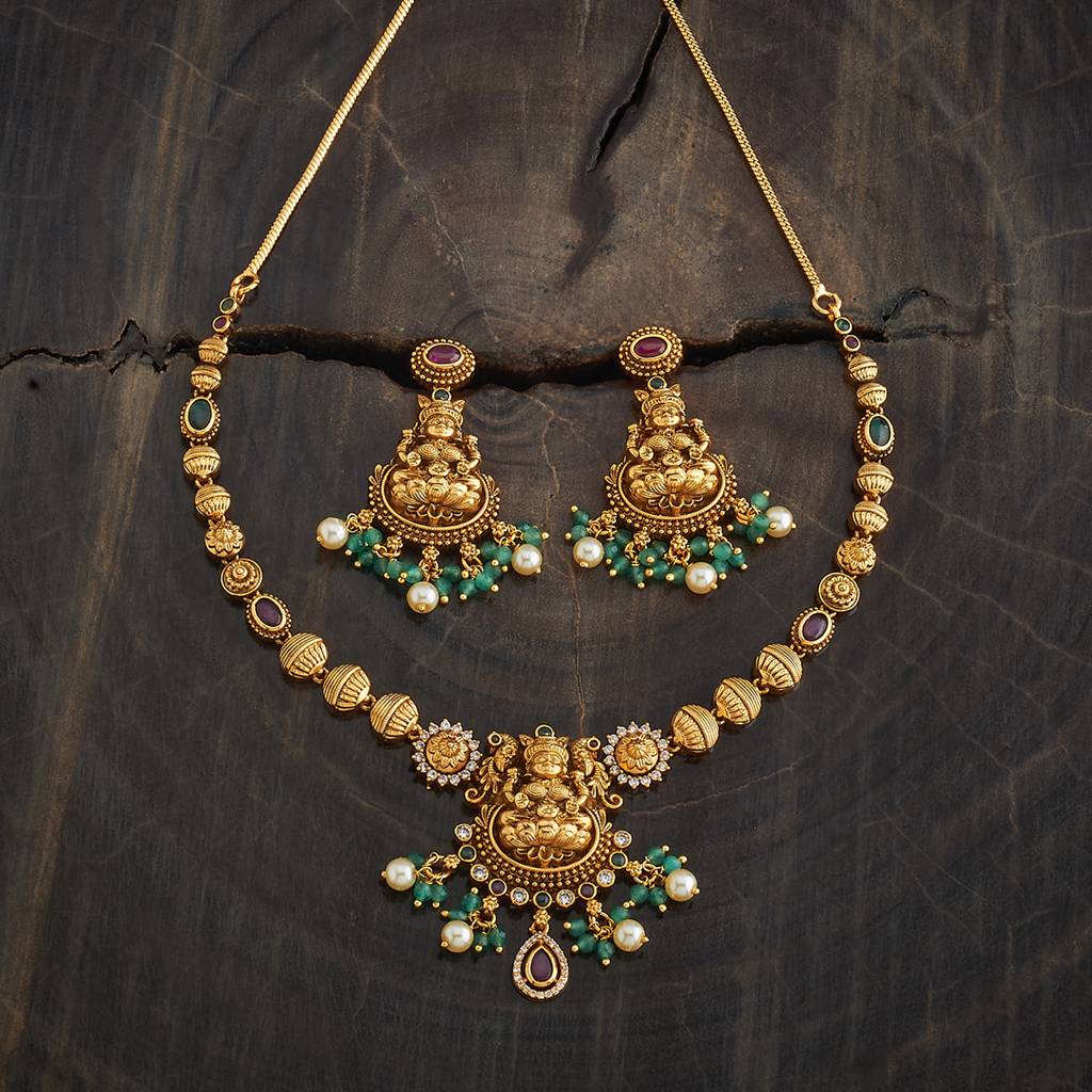 Kushal'S Fashion Jewellery Ruby-Green Gold-Plated Ethnic Copper Antique Jewellery Set-180500 : 431437