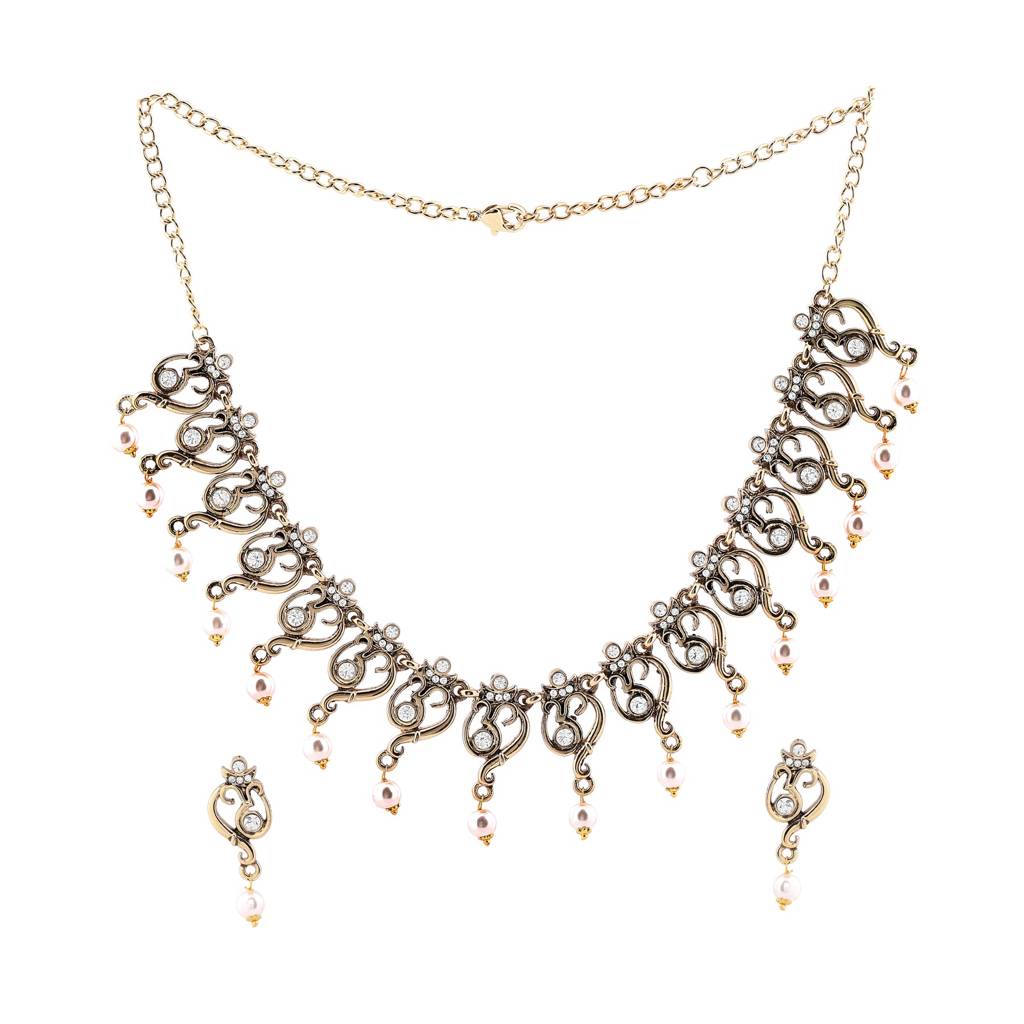 Estele Gold Plated Antique Spiritual Om Shaped Necklace Set With Glowing Pearls For Women : 10000-IGNKER