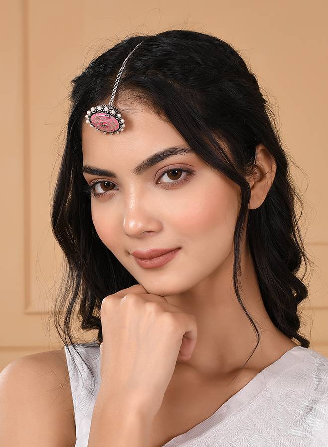 Shwet Kamal Enamelled White Pearls Borla Maang Tika : 8905124446661