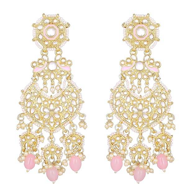 Estele Gold Plated Gorgeous Gehena Drop Earrings With Mint Pink Beads For Women : PJ-015-IGMPER